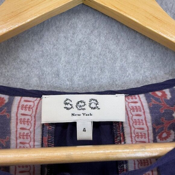 Sea New York Womens Size 4 Printed Boho Blouse Navy Blue Red Peasant India VNeck - Picture 3 of 12